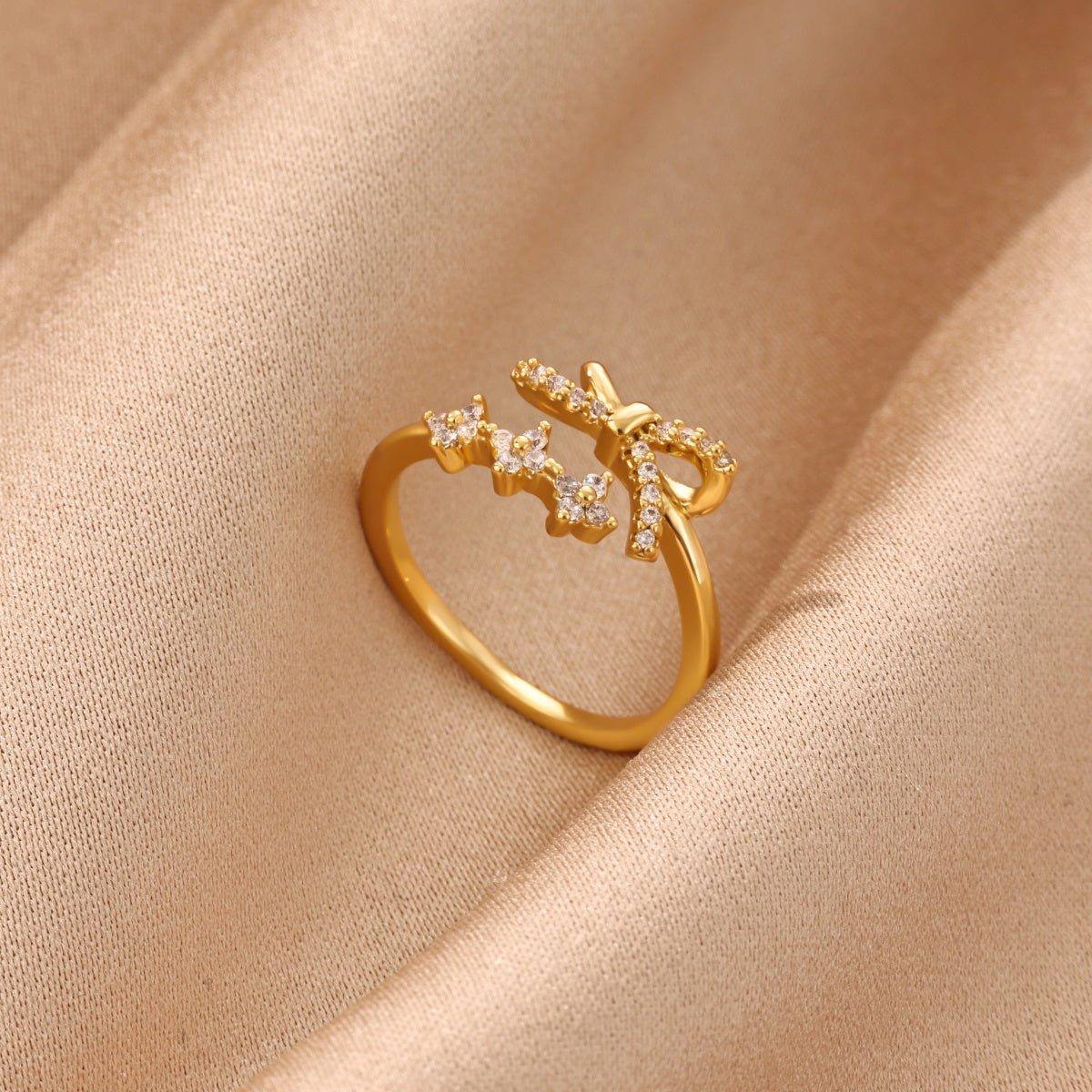Electroplated Flowers Ring For Women In Copper With 18K Real Gold PVD Coating And Zircon Inlay