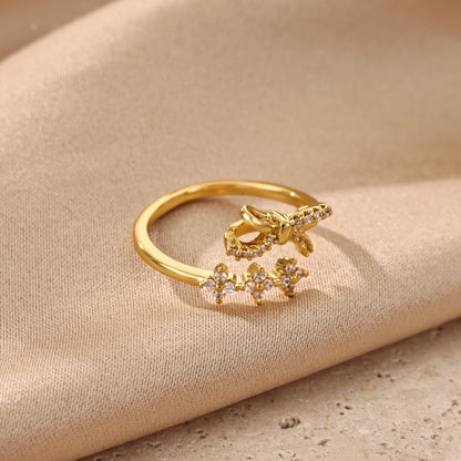 Electroplated Flowers Ring For Women In Copper With 18K Real Gold PVD Coating And Zircon Inlay