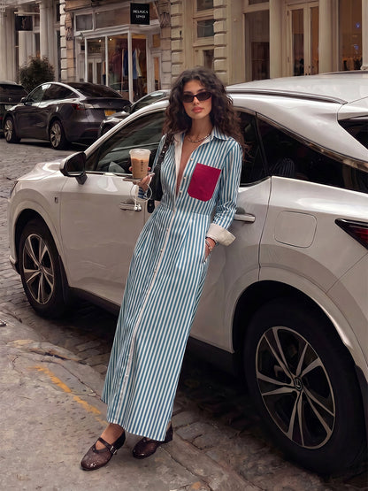 High Waisted Long Sleeves Buttoned Contrast Color Pockets Split-Joint Striped Lapel Midi Dresses