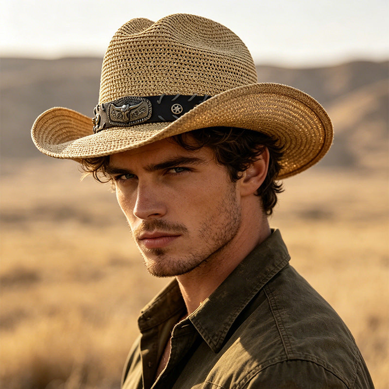 Men's Cowboy Style Solid Color Straw Hat With Wide Brim, UV Protection Featuring Braid Craftsmanship