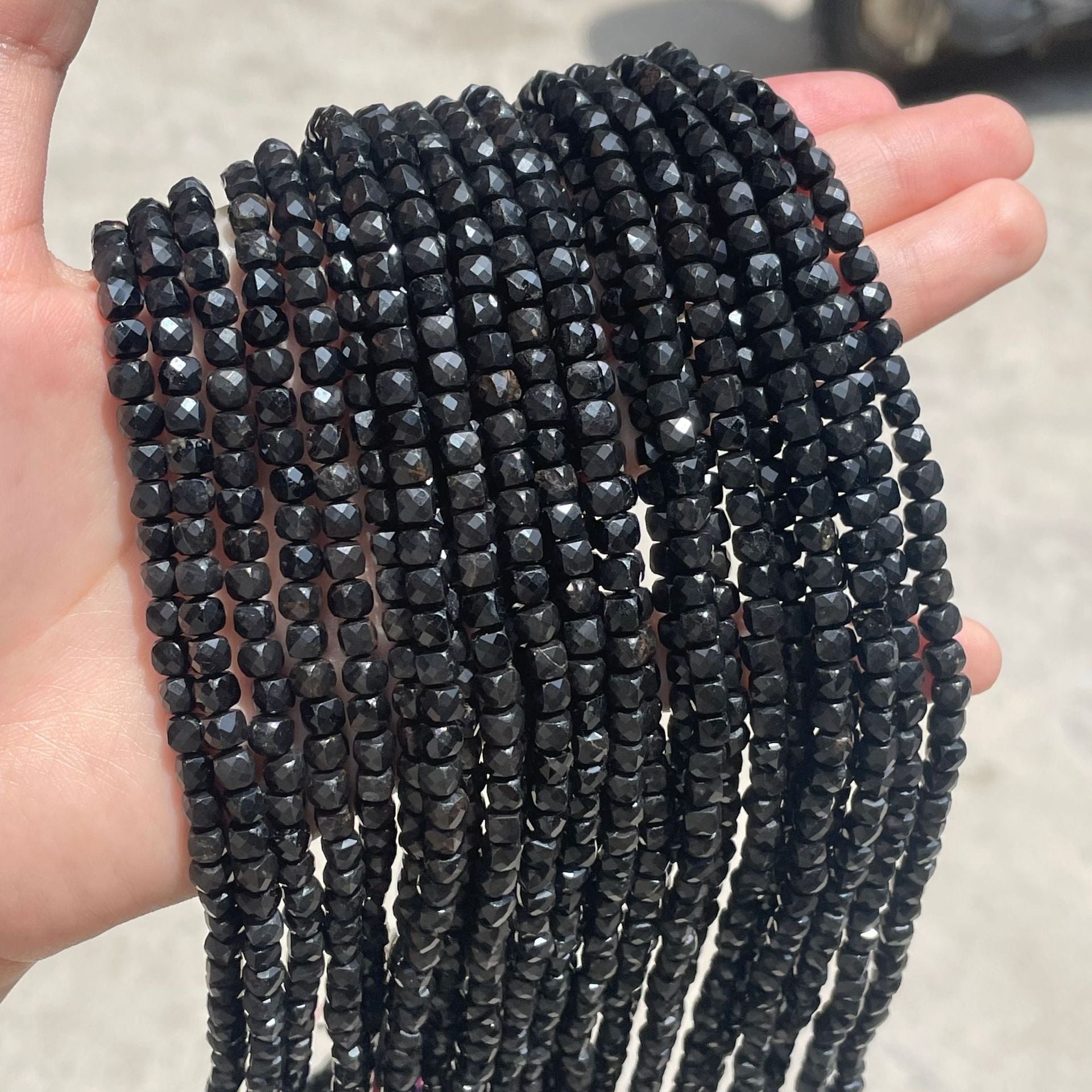 Square Faceted Tourmaline Beads, Natural Stone With Polished Finish, Diameter 4mm, Perfect For Jewelry Making Featuring Cutting Craft