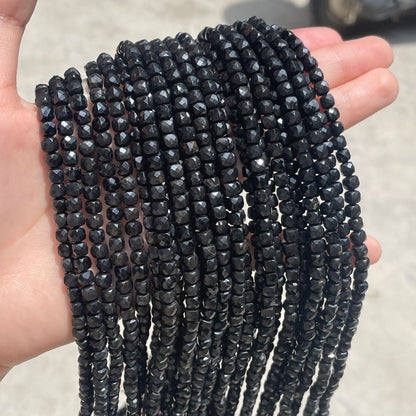Square Faceted Tourmaline Beads, Natural Stone With Polished Finish, Diameter 4mm, Perfect For Jewelry Making Featuring Cutting Craft