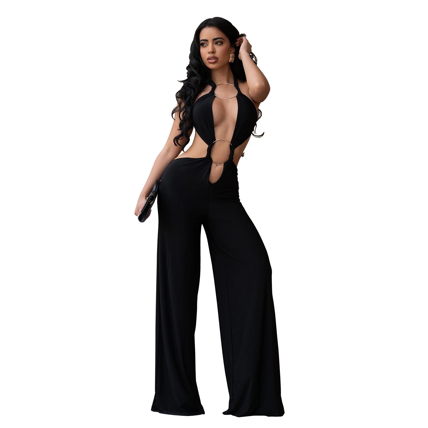 Solid Color Casual Full Length Jumpsuit For Women In Polyester Fabric With Backless Design And Sleeveless Style