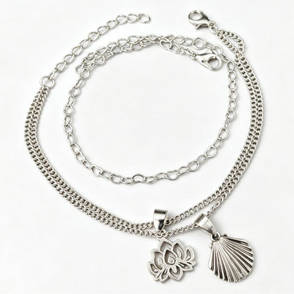3 Pieces Set Women’s Alloy Braid Anklets Featuring Lotus Pattern With Shell Inlay