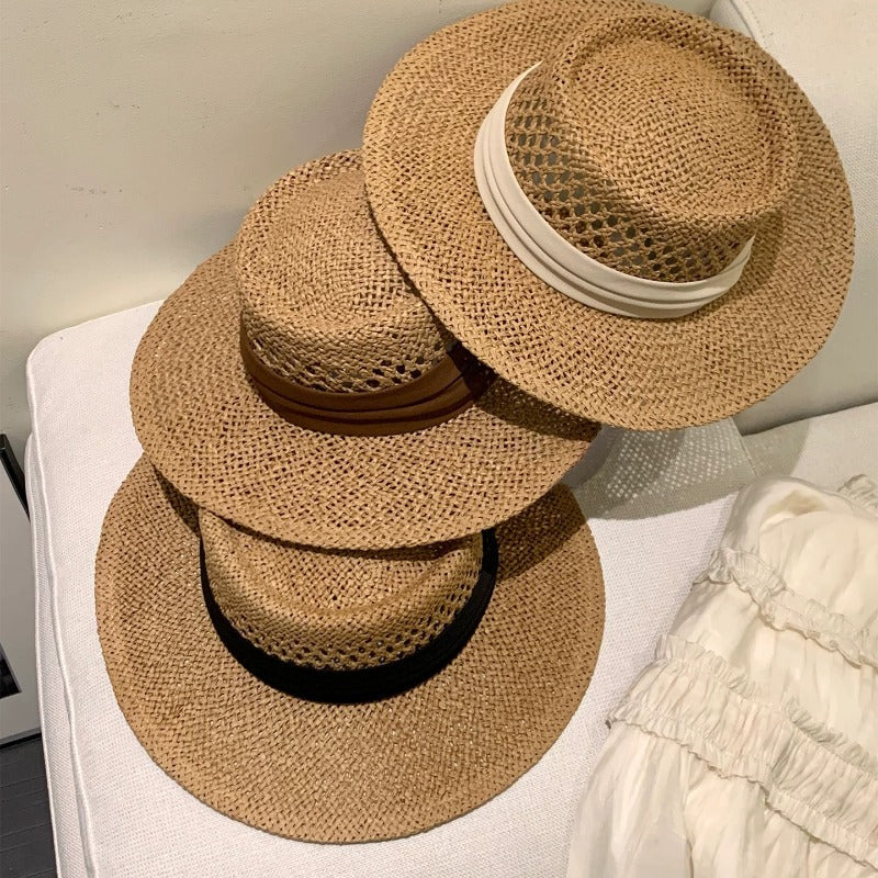 French Style Solid Color Wide Brim Straw Hat For Women With UV Protection Featuring Hollow Out Craft