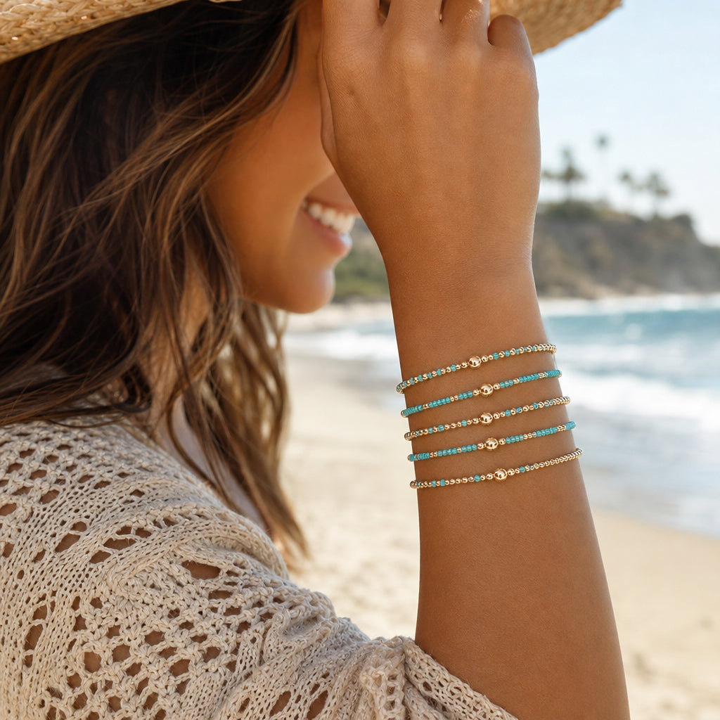 Gold Beaded Bracelet Set Suitable For Girls Handmade Friendship Style Daily Wear Jewelry Sweet Style Round And Laser Customization