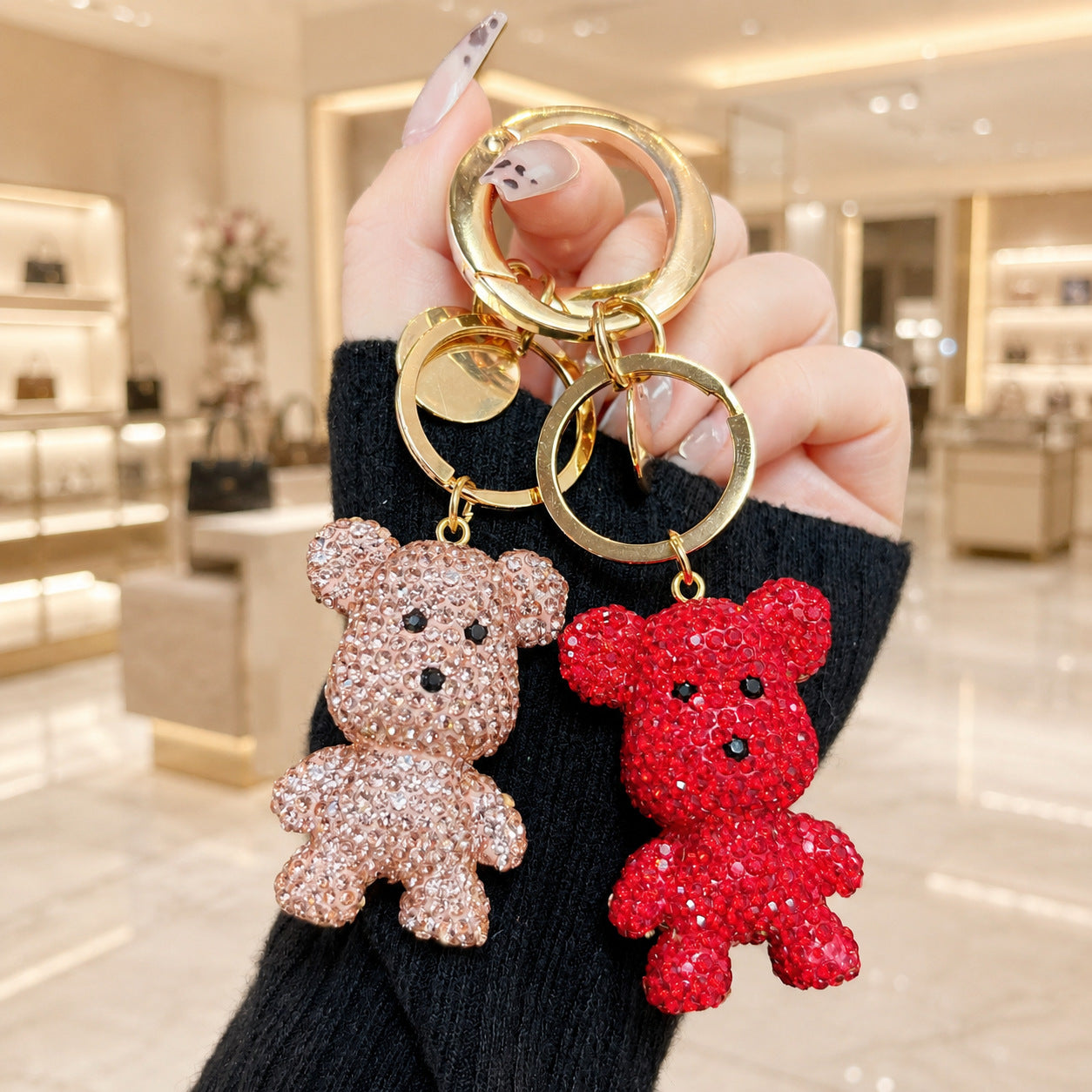 Christmas Bear Key Chain In Red Featuring Rhinestone Embellishments, Perfect Bag Charm Accessory