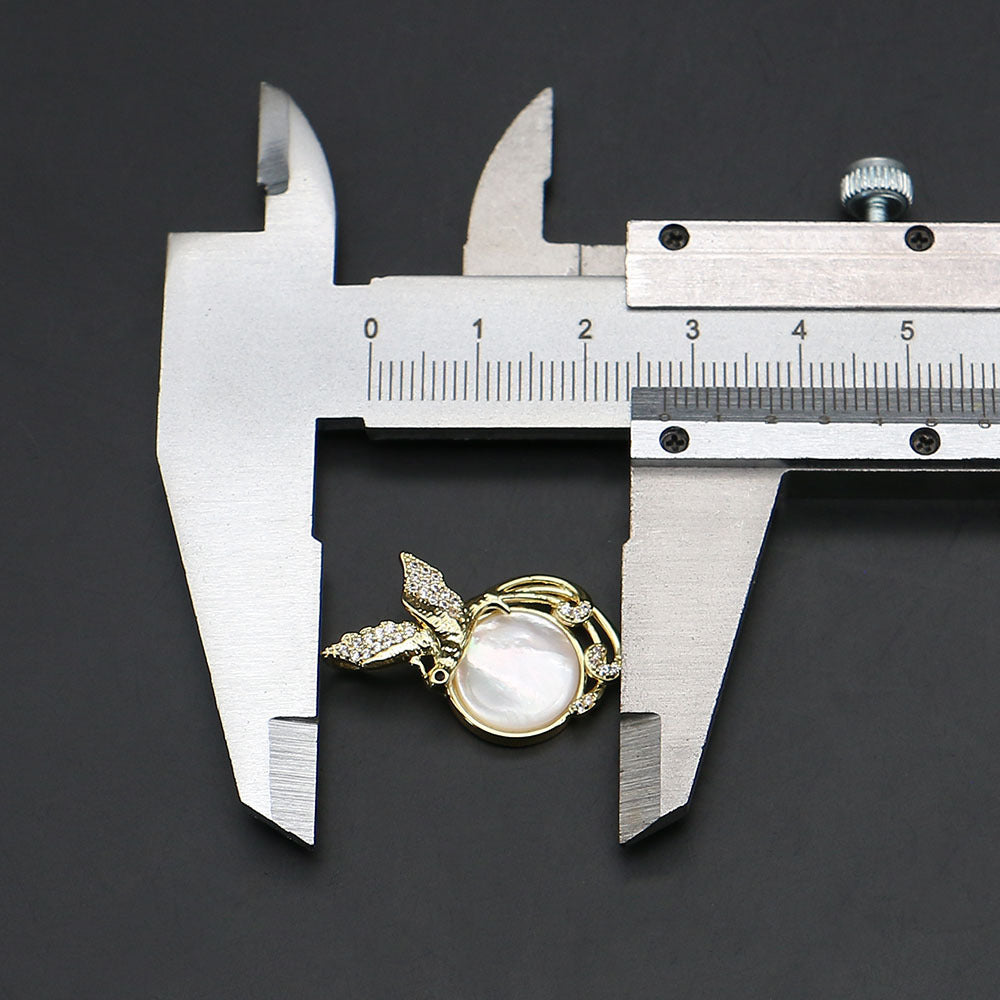 Round Shell Pendant With Rhinestones, Electroplated Finish, White Color