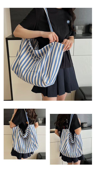 Women’s Canvas Stripe Square Tote Bag With Sewing Thread Detail, Featuring Single Shoulder Strap