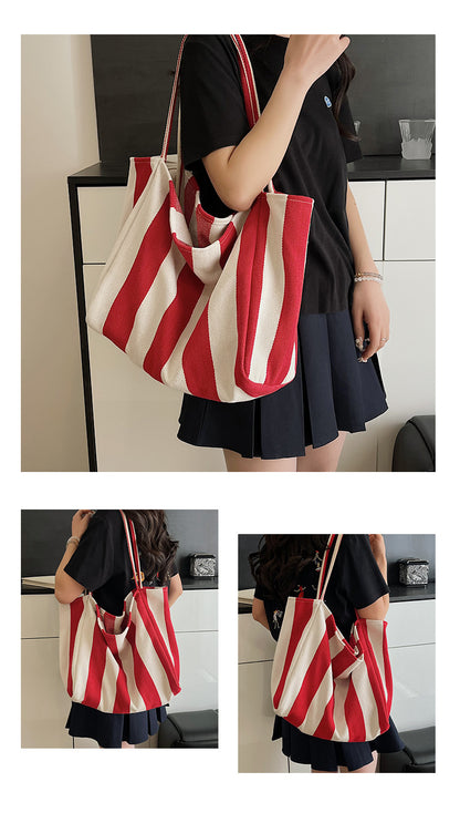 Women’s Canvas Stripe Square Tote Bag With Sewing Thread Detail, Featuring Single Shoulder Strap