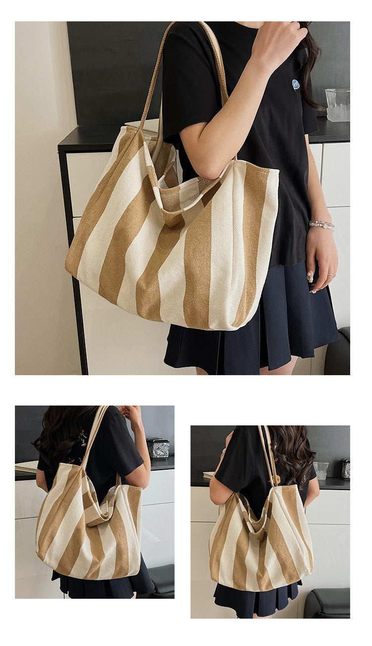 Women’s Canvas Stripe Square Tote Bag With Sewing Thread Detail, Featuring Single Shoulder Strap