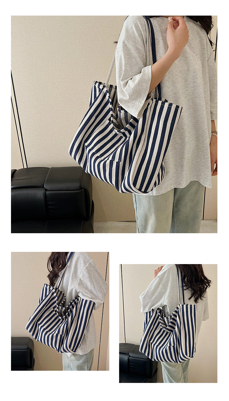 Women’s Canvas Stripe Square Tote Bag With Sewing Thread Detail, Featuring Single Shoulder Strap