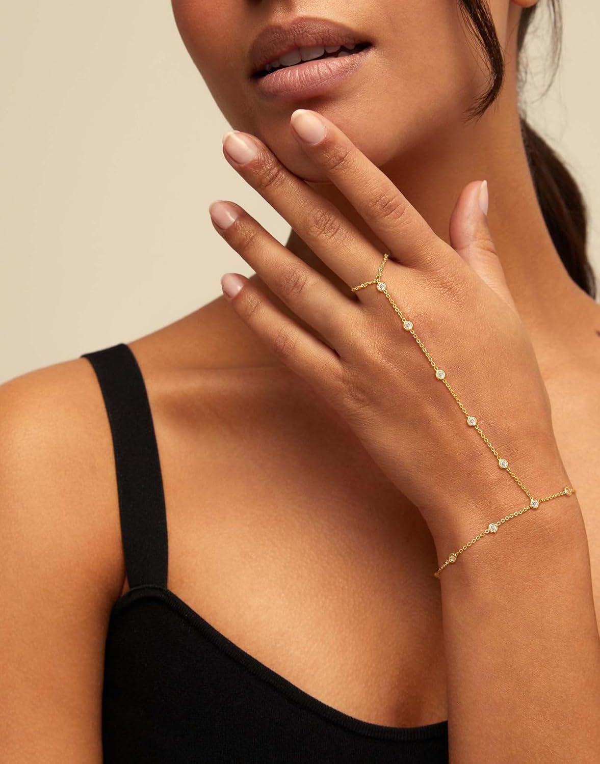 Geometric Hand Chain Bracelet For Women In Simple Style, Featuring Titanium Steel Chain And Zircon Inlay