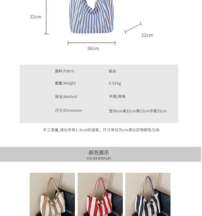 Women’s Canvas Stripe Square Tote Bag With Sewing Thread Detail, Featuring Single Shoulder Strap