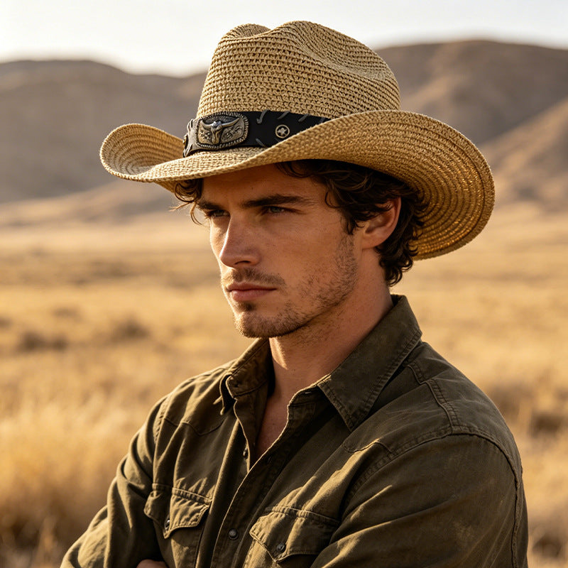 Men's Cowboy Style Solid Color Straw Hat With Wide Brim, UV Protection Featuring Braid Craftsmanship