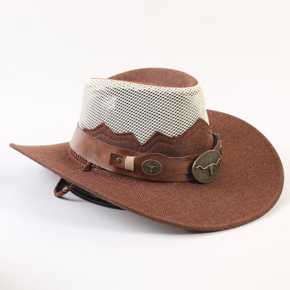 Unisex Solid Color Cowboy Style Straw Hat With Wide Brim, Breathable Design Featuring Braid Craftsmanship