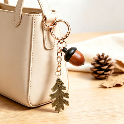Maple Leaf Bronze Key Chain With Wood Material, New Year Bag Charm Accessory