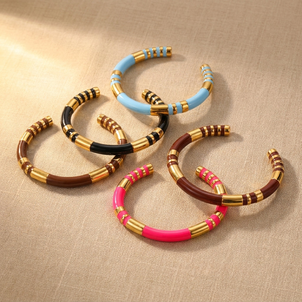 For Unisex Geometric Enamel Bangle In Titanium Steel With 18K Gold Plated PVD Coating