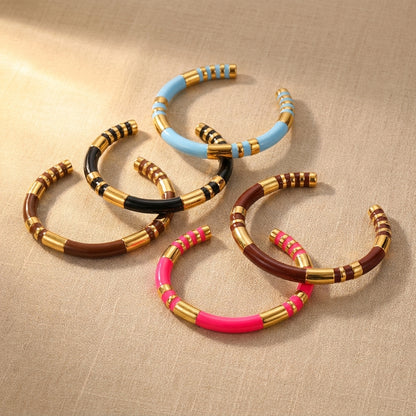For Unisex Geometric Enamel Bangle In Titanium Steel With 18K Gold Plated PVD Coating
