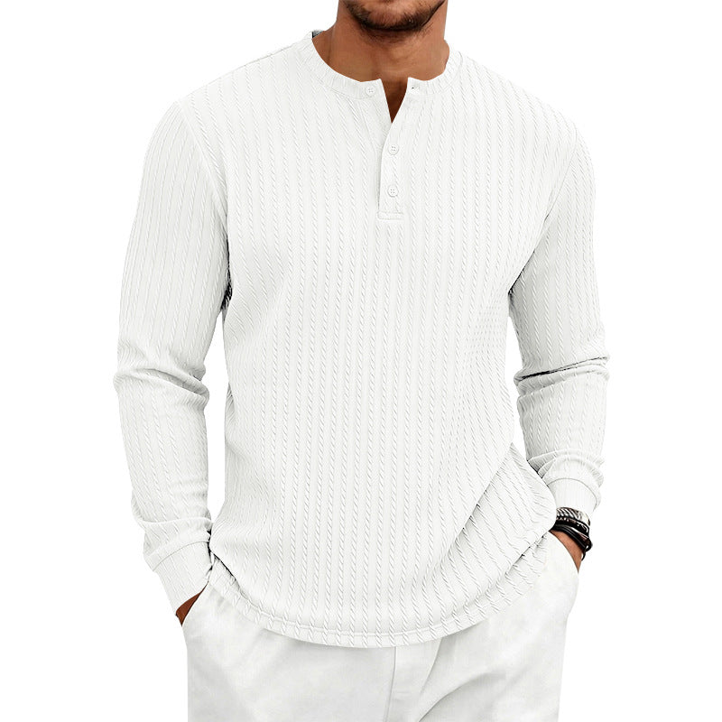 Vintage Style Solid Color Long Sleeve Men's T-Shirt In Polyester Featuring Jacquard Craft And Half Placket
