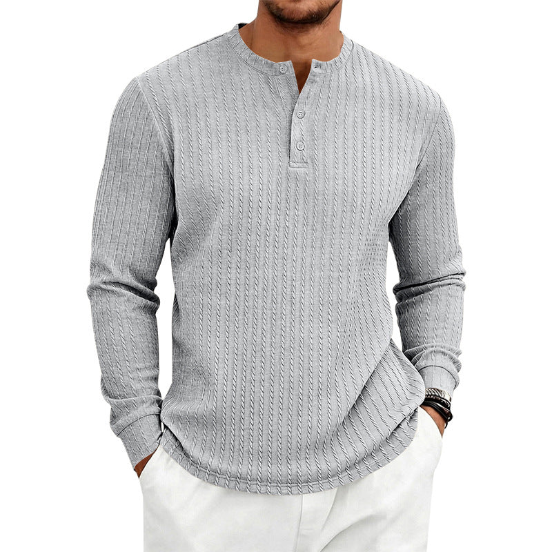 Vintage Style Solid Color Long Sleeve Men's T-Shirt In Polyester Featuring Jacquard Craft And Half Placket