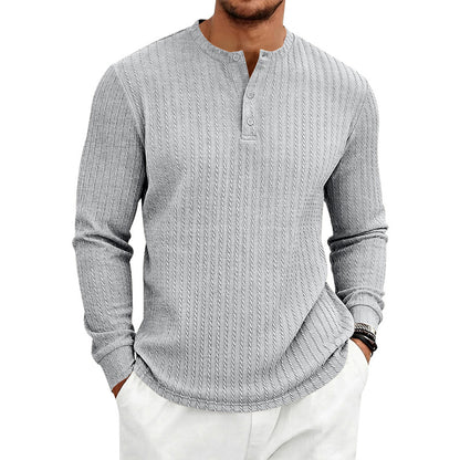 Vintage Style Solid Color Long Sleeve Men's T-Shirt In Polyester Featuring Jacquard Craft And Half Placket