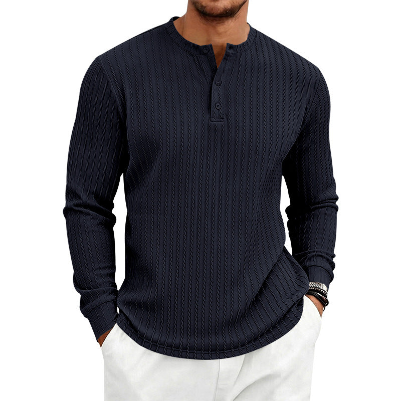 Vintage Style Solid Color Long Sleeve Men's T-Shirt In Polyester Featuring Jacquard Craft And Half Placket