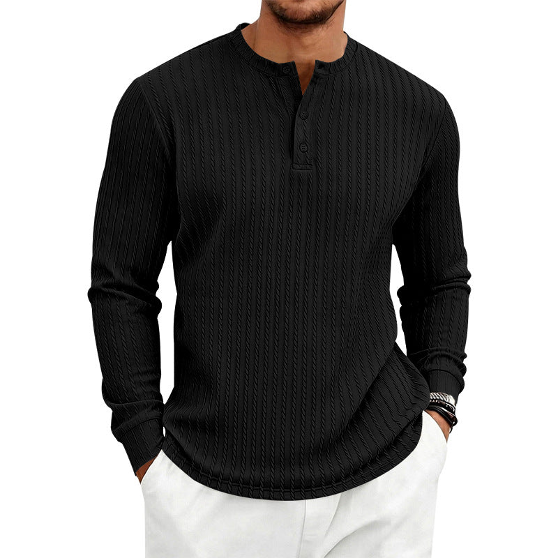 Vintage Style Solid Color Long Sleeve Men's T-Shirt In Polyester Featuring Jacquard Craft And Half Placket
