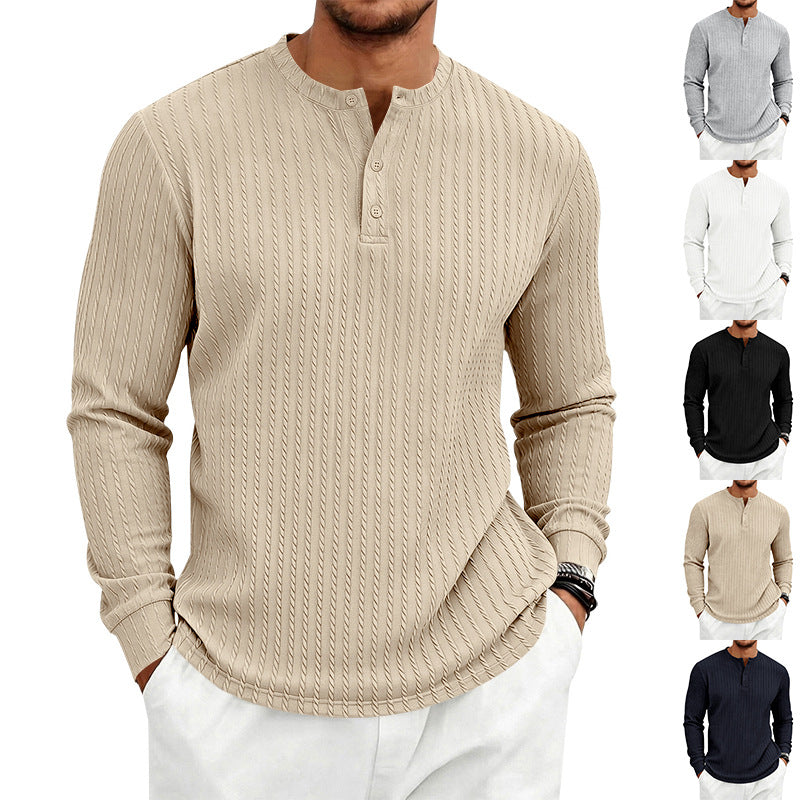 Vintage Style Solid Color Long Sleeve Men's T-Shirt In Polyester Featuring Jacquard Craft And Half Placket