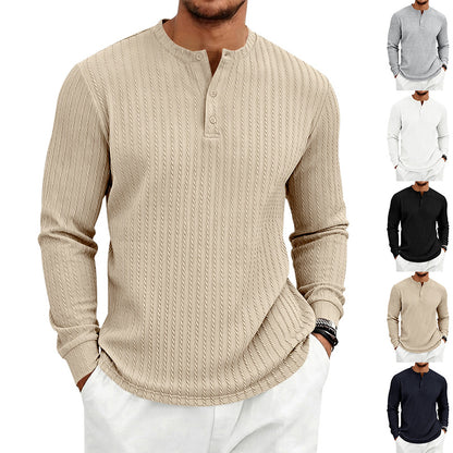 Vintage Style Solid Color Long Sleeve Men's T-Shirt In Polyester Featuring Jacquard Craft And Half Placket