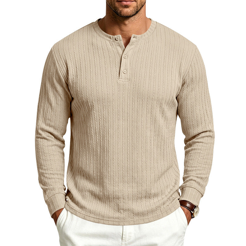 Vintage Style Solid Color Long Sleeve Men's T-Shirt In Polyester Featuring Jacquard Craft And Half Placket