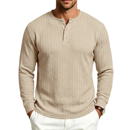 Vintage Style Solid Color Long Sleeve Men's T-Shirt In Polyester Featuring Jacquard Craft And Half Placket