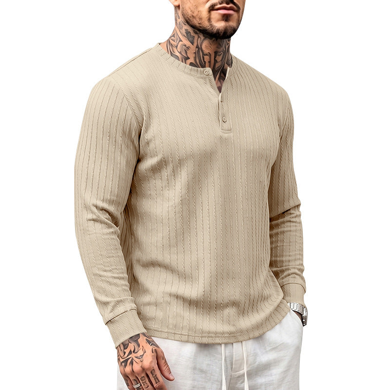 Vintage Style Solid Color Long Sleeve Men's T-Shirt In Polyester Featuring Jacquard Craft And Half Placket