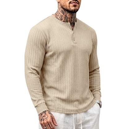 Vintage Style Solid Color Long Sleeve Men's T-Shirt In Polyester Featuring Jacquard Craft And Half Placket