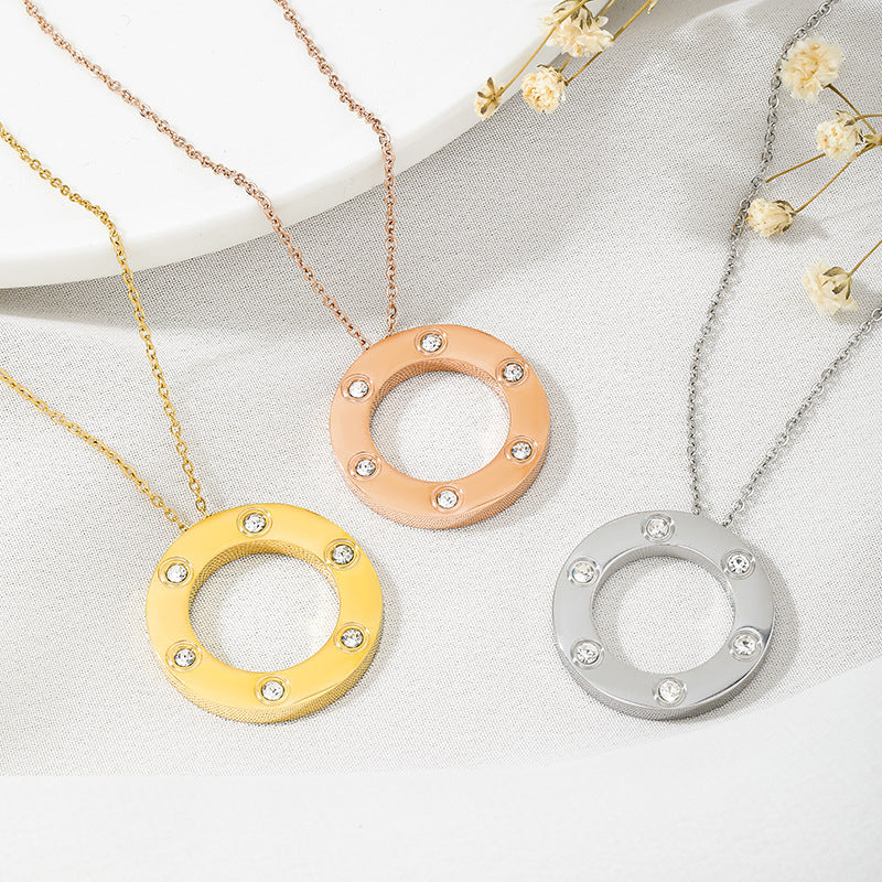 Round Rose Gold Necklace In Titanium Steel With Electroplated Finish, Featuring Cable Chain, Designed For Couples