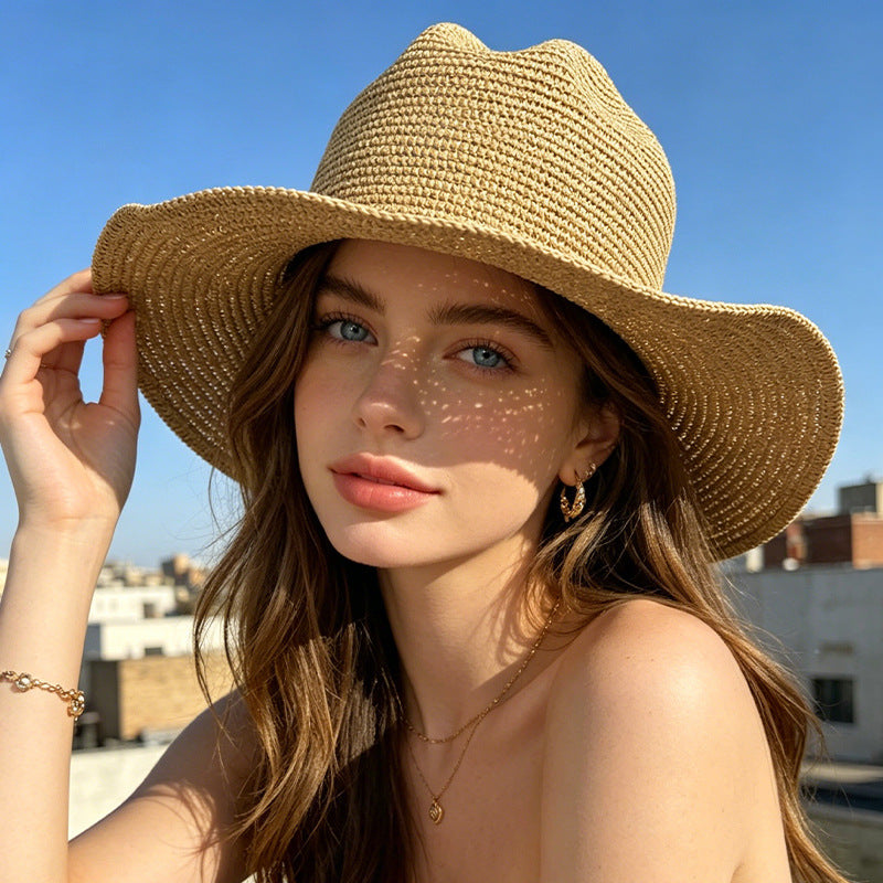 British Style Solid Color Wide Brim Straw Hat For Women With UV Protection, Featuring Braid Craftsmanship