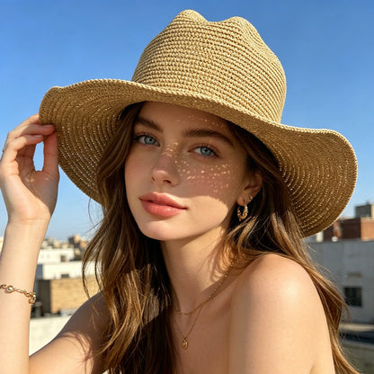 British Style Solid Color Wide Brim Straw Hat For Women With UV Protection, Featuring Braid Craftsmanship