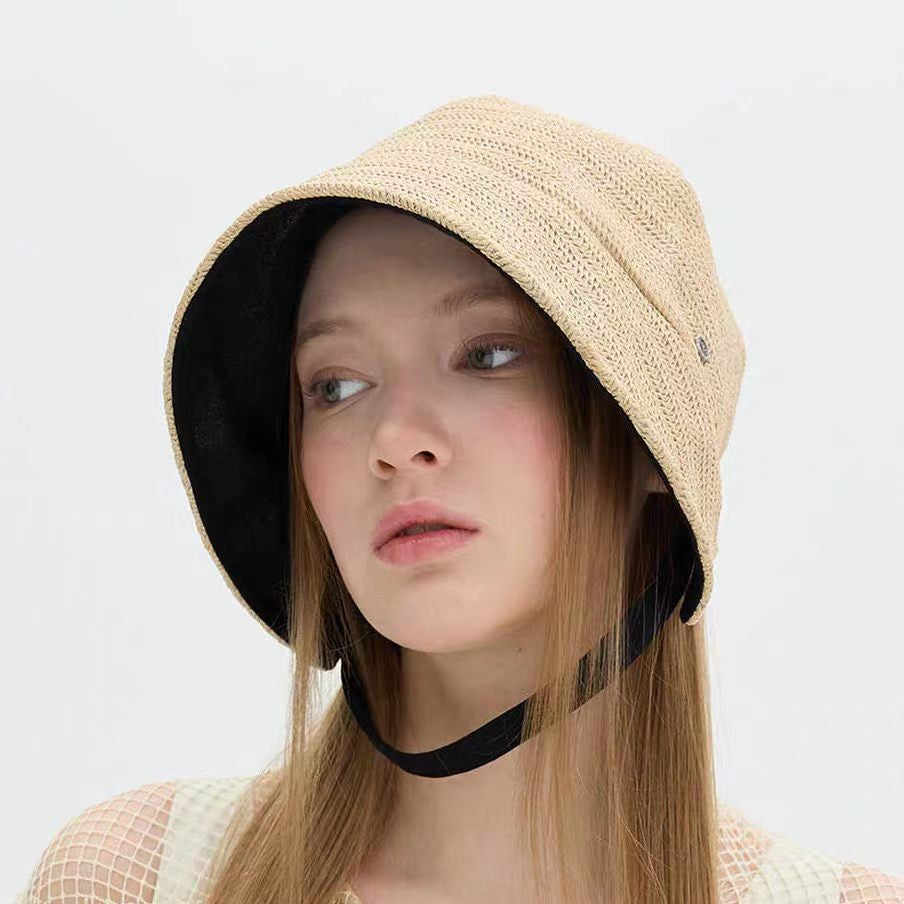 Solid Color Wide Brim Bucket Hat In Straw Material With Sewing Craft, Simple Style Featuring UV Protection