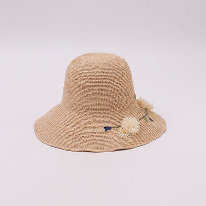 Women’s Wide Brim Straw Hat With Embroidered Flowers, UV Protection Vacation Style