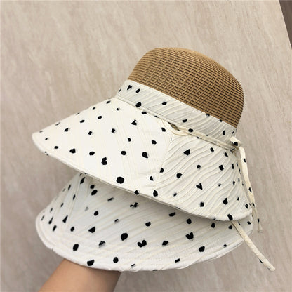 Women’s Polka Dots Bucket Hat With Wide Brim, Straw Material Featuring Splicing Craft And UV Protection