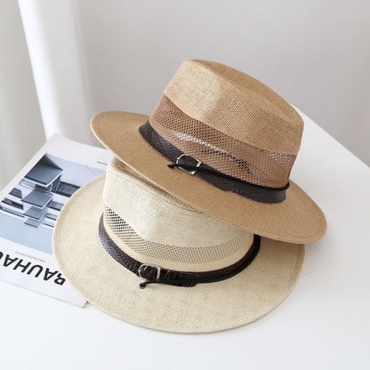 Men's Wide Brim Straw Stripe Hat With UV Protection Featuring Gauze Craftsmanship