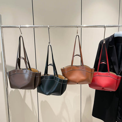 Women's PU Leather Bucket Tote Bag With Sewing Thread Detail, Top Handle, Perfect For Autumn And Winter