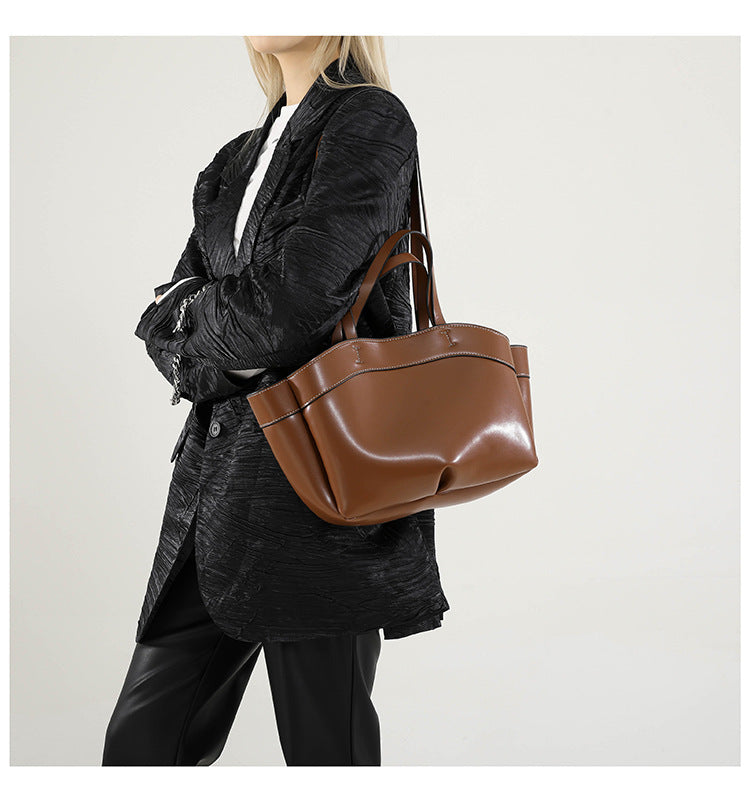 Women's PU Leather Bucket Tote Bag With Sewing Thread Detail, Top Handle, Perfect For Autumn And Winter