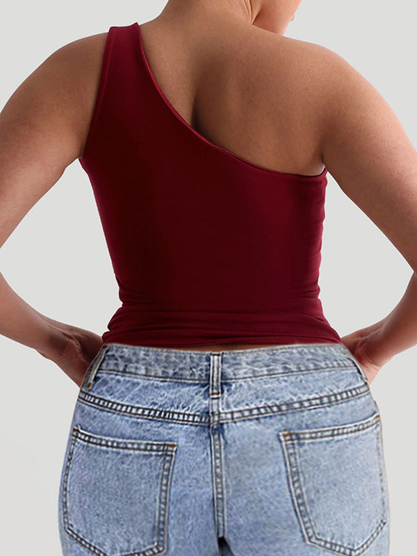 Skinny Sleeveless Solid Color One-Shoulder Vest Top