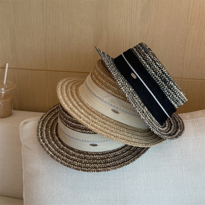 French Style Women’s Stripe Straw Hat With Short Brim, Featuring UV Protection And Braid Craftsmanship
