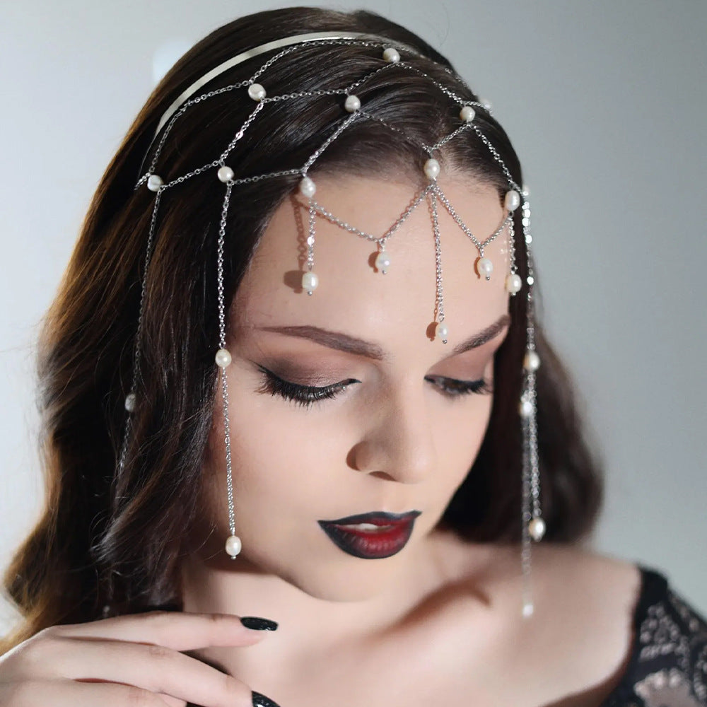 Grid Jewelry Headband For Women With Artificial Pearl In Silver, Perfect For Summer