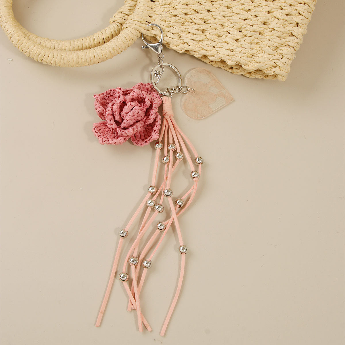 Knitted Flowers Key Chain In Natural Pink Straw Material With Sweet Style, Perfect Summer Accessory