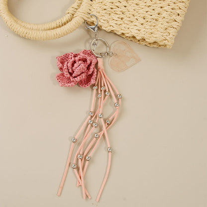 Knitted Flowers Key Chain In Natural Pink Straw Material With Sweet Style, Perfect Summer Accessory