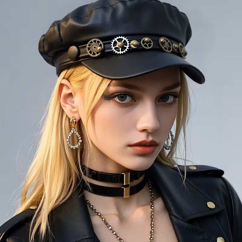 Punk Boater Hat With Short Brim, Handmade PU Leather Gear Featuring UV Protection For Adults