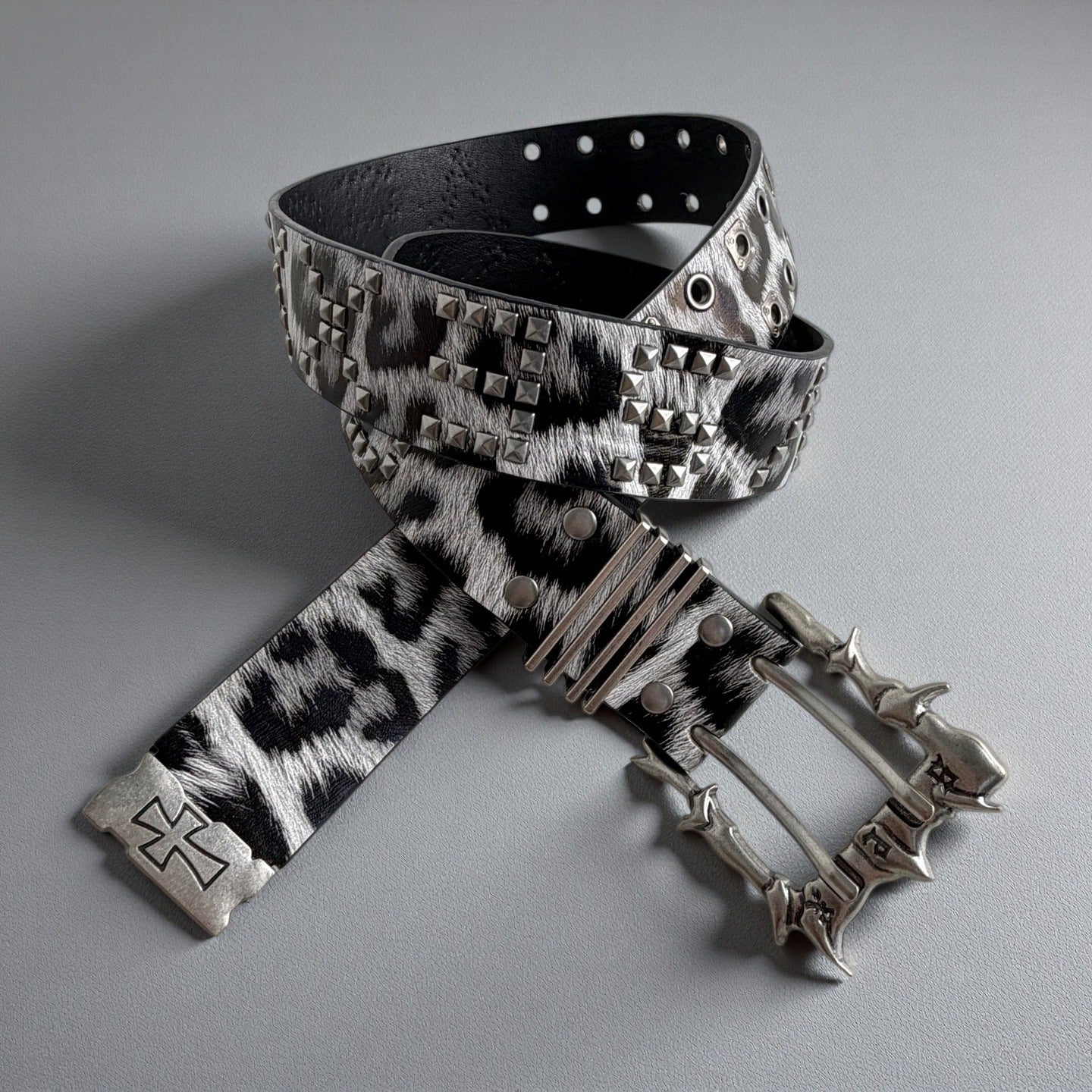 Leopard Print Punk Belt With Alloy Pin Buckle, Dyed Black PU Leather Strap